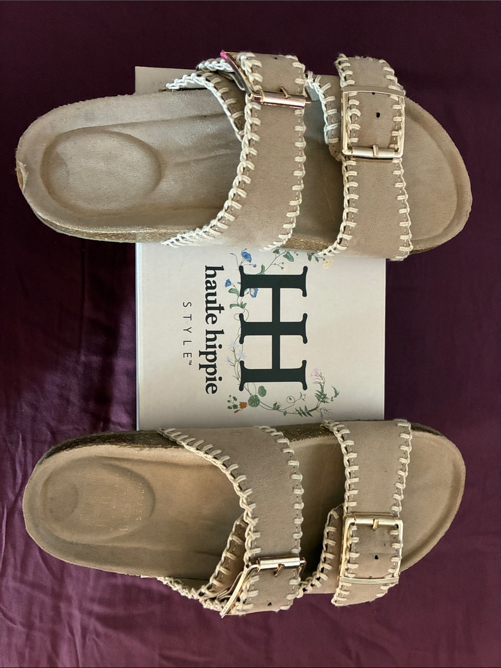 Haute Hippie Tan Double-Buckle Whipstitched Slide Sandals